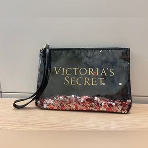 Victoria's Secret Black Confetti Sequin Zipper Wristlet Cosmetic Bag